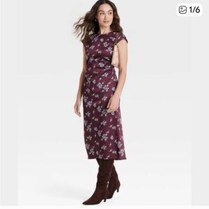 A New Day Women's Short Sleeve Ruched Midi Shift Dress Burgundy Floral Size L